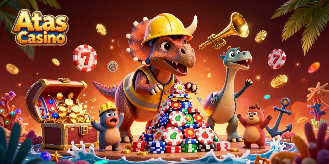 Atas Casino showcases an exciting scene with vibrant 3D cartoon characters celebrating amidst slot machines and poker chips.