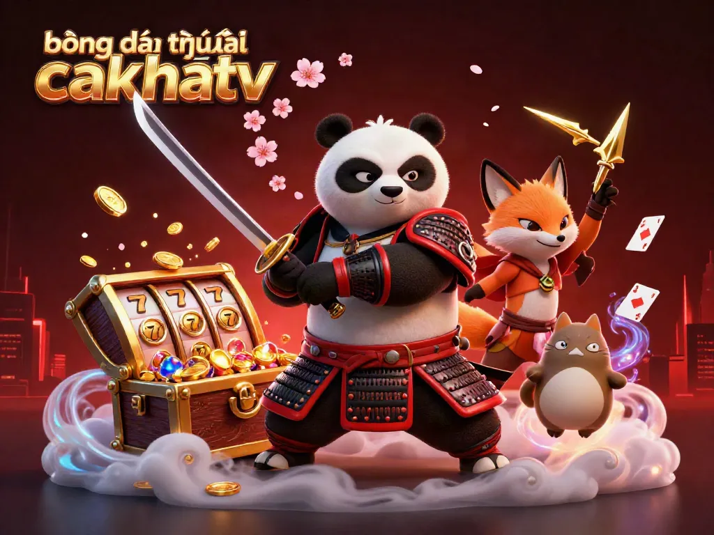 CakhiaTV sports betting scene featuring samurai panda and ninja fox amid vibrant slot machine elements, enhancing engagement.