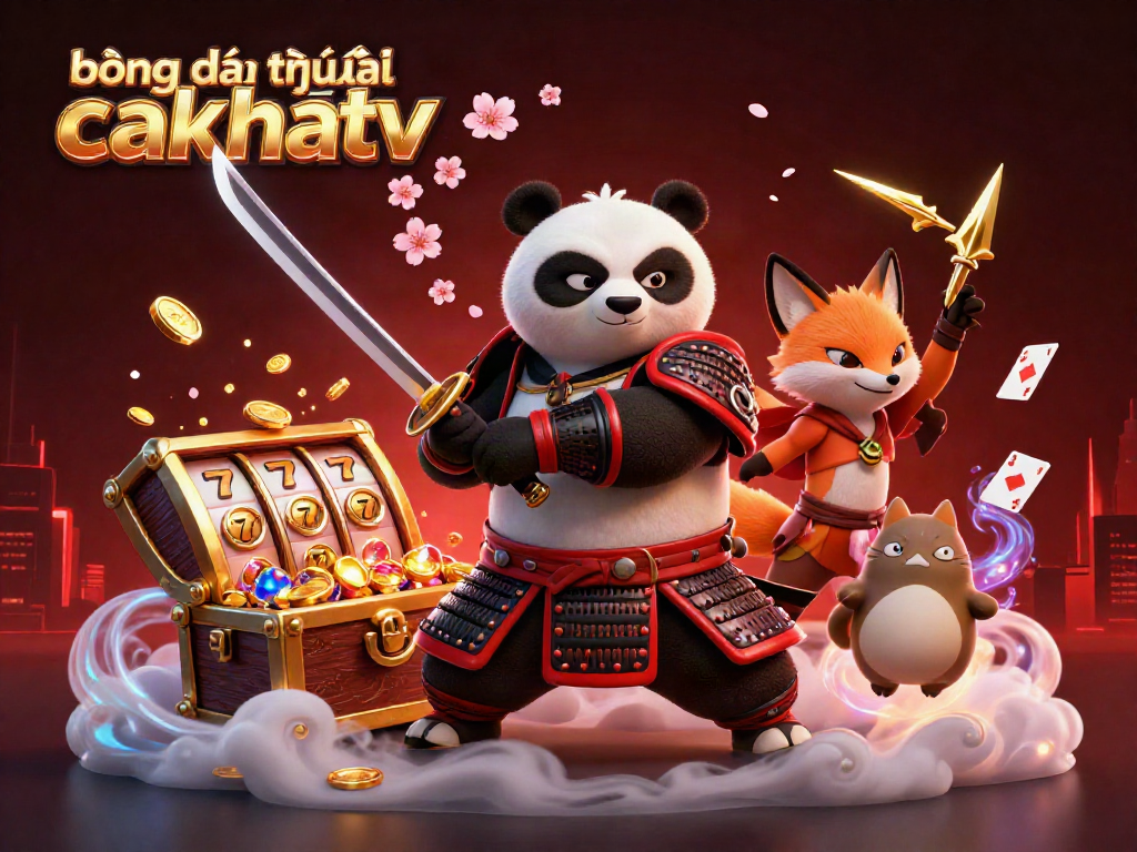 CakhiaTV sports betting scene featuring samurai panda and ninja fox amid vibrant slot machine elements, enhancing engagement.