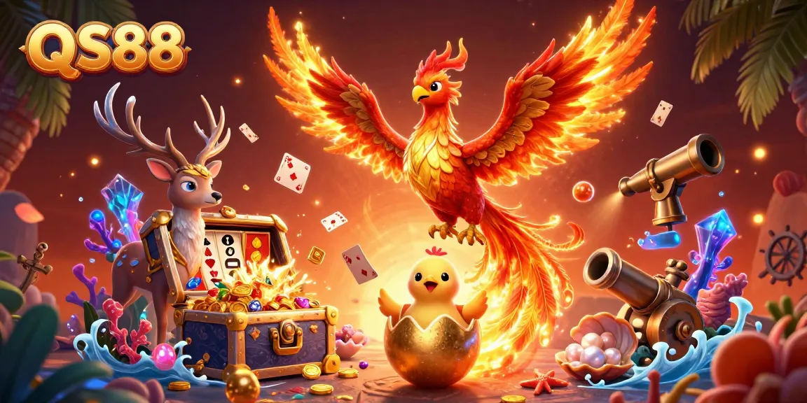 Experience the dazzling world of QS88 with vibrant 3D elements showcasing fiery phoenix and exciting casino games.