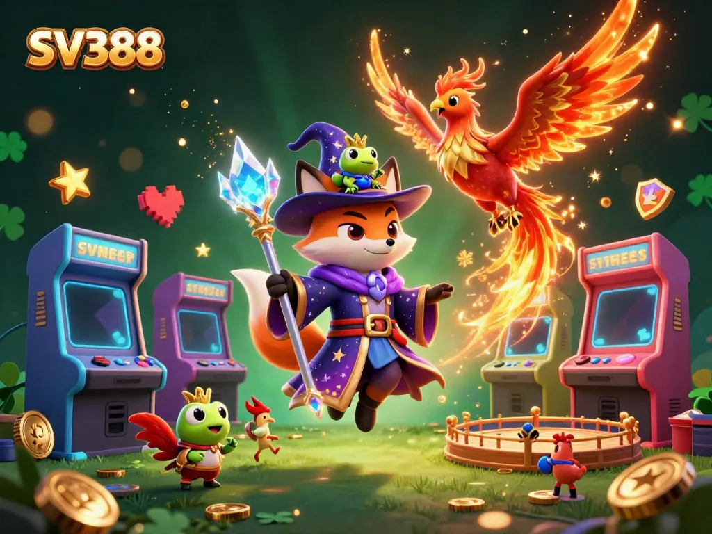 Engage in the vibrant SV388 gambling scene featuring a magical wizard fox alongside a phoenix.