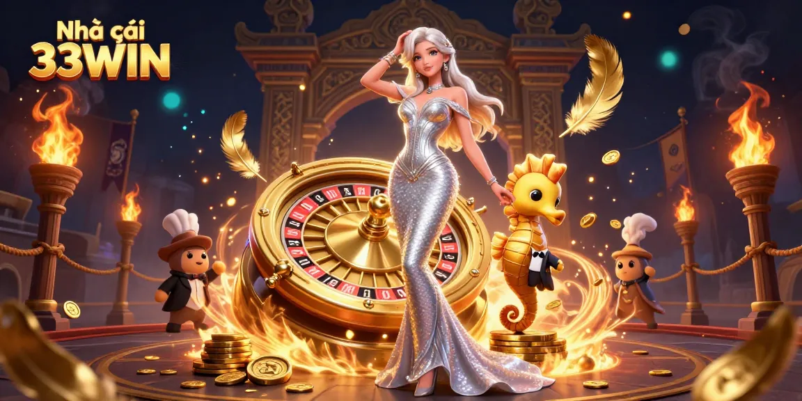 Experience exciting gameplay with Nhà cái 33WIN at a glamorous casino scene featuring a roulette wheel.