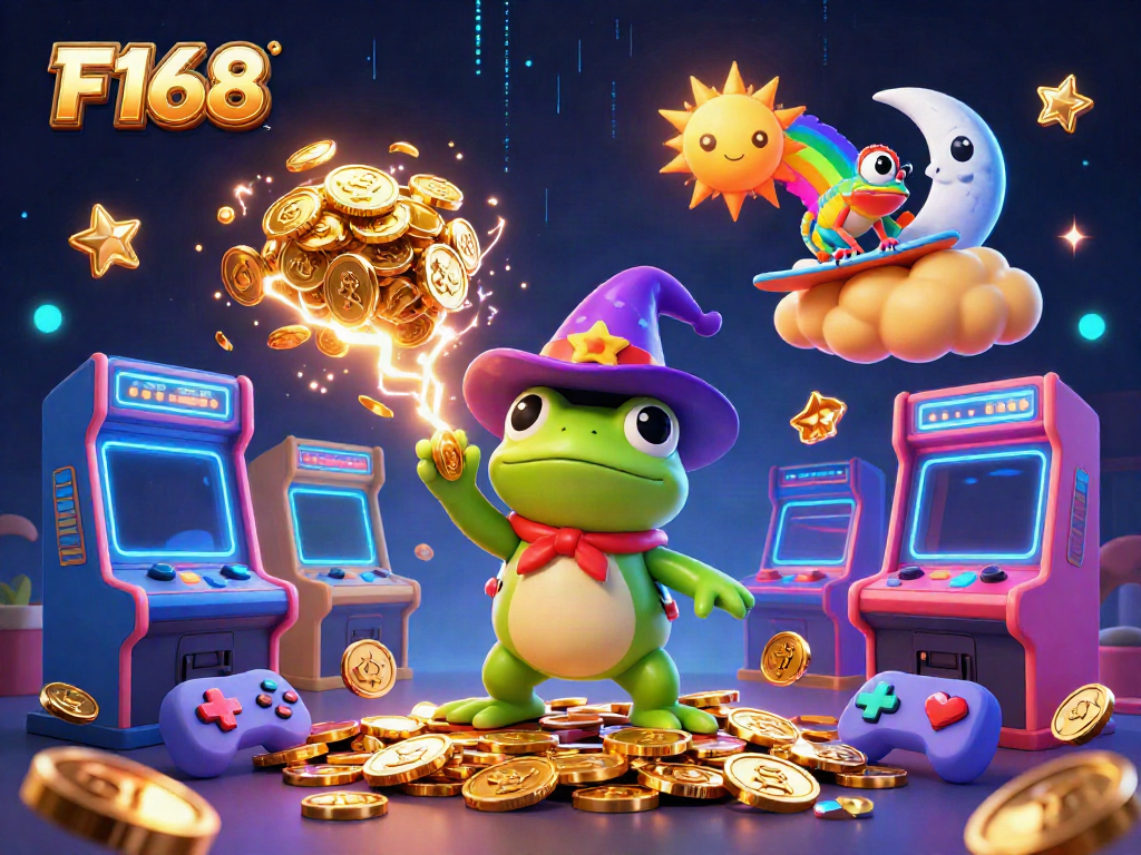 Join F168's exciting adventure as the wizard frog conjures golden coins amidst vibrant gaming elements.