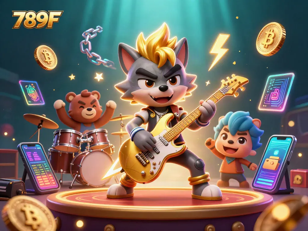 Engage with 789F's thrilling casino experience featuring lively characters and cryptocurrency elements.