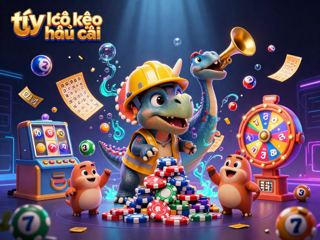 Engage with tỷ lệ kèo nhà cái as a cartoon triceratops builds poker chips amidst vibrant casino elements.