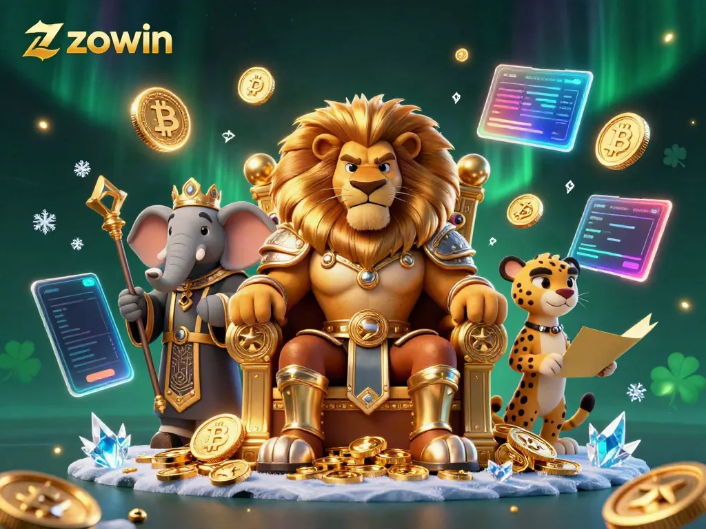 Experience big wins at Zowin with a thrilling 3D casino scene depicting majestic characters and vibrant coins.