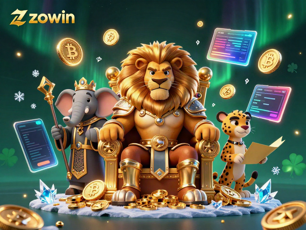 Experience big wins at Zowin with a thrilling 3D casino scene depicting majestic characters and vibrant coins.