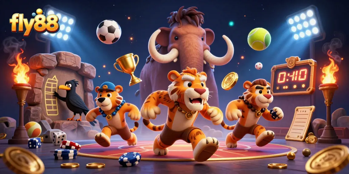 Experience excitement at fly88 with 3D cartoon caveman and sabertooth tiger running a prehistoric casino, showcasing vibrant game elements.
