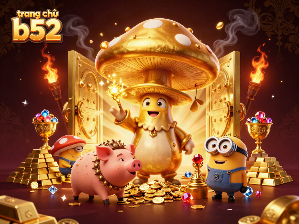 Engage with the vibrant treasures and magic at trang chủ b52 featuring a golden wizard, treasures, and dynamic casino elements.