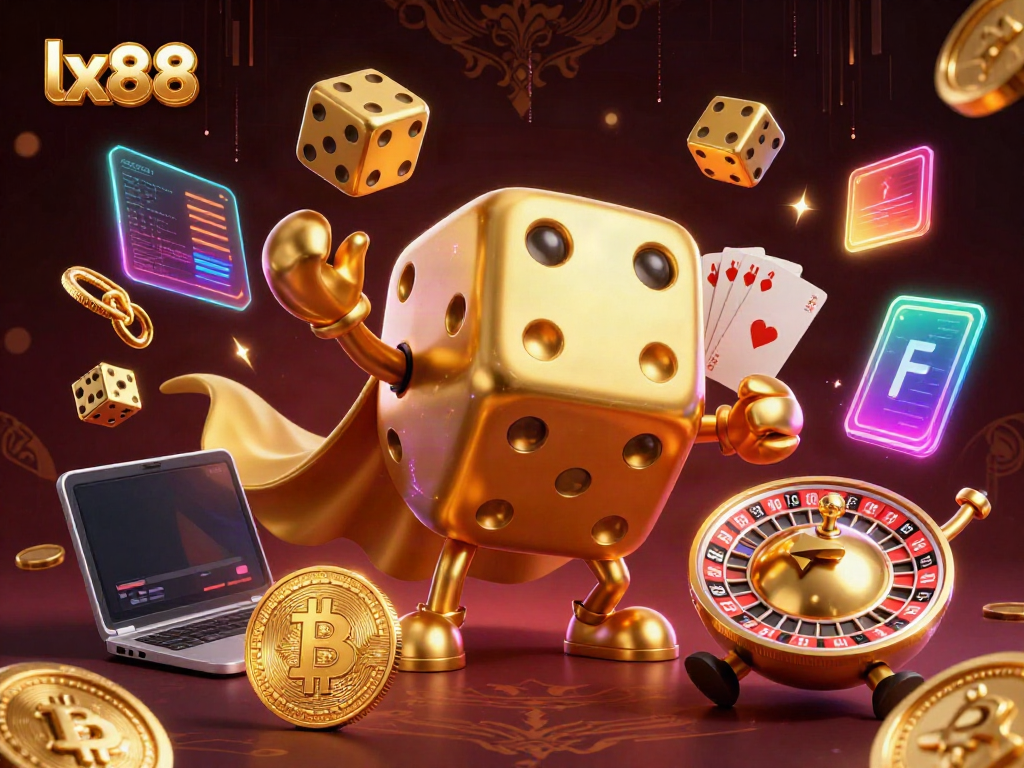 Experience thrilling gaming at lx88 with a whimsical 3D cartoon casino scene featuring dice and coins.