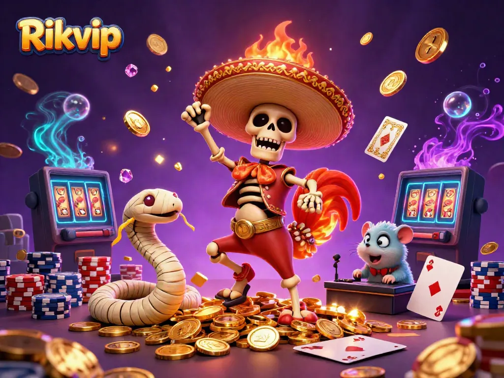 Engage in thrilling play at Rikvip, featuring vibrant casino characters and elements like golden coins, roulette wheels, and poker chips.