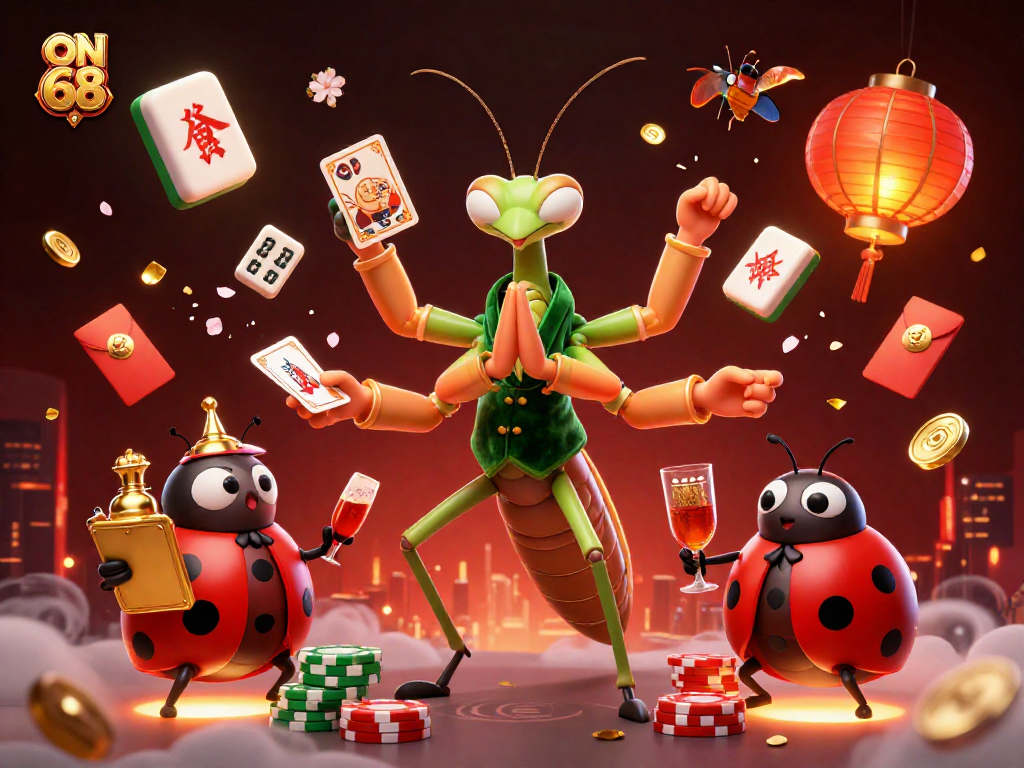 Experience thrilling gameplay at ON 68's vibrant casino scene with a praying mantis dealer, ladybug pit boss, and dynamic game elements.