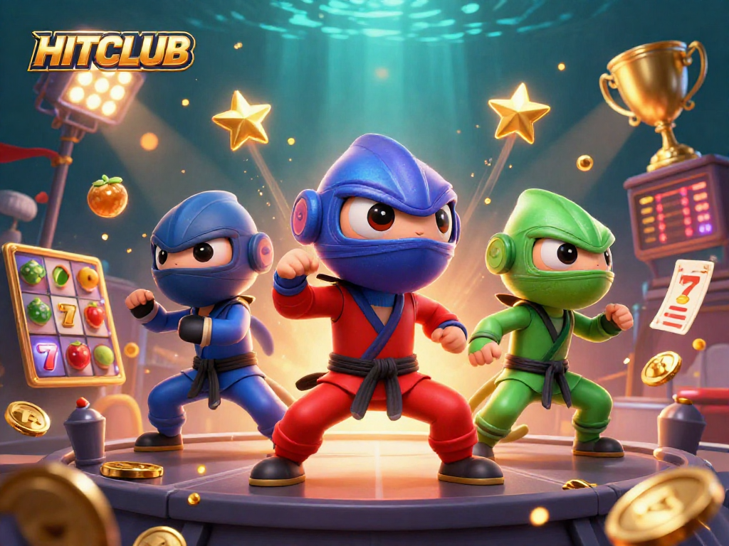Experience HITCLUB's vibrant game elements in a dynamic casino showdown illustration.