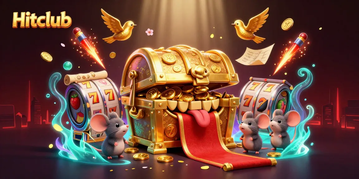 Hitclub's treasure chest lure gamers with vibrant slots, coins, and fireworks for ultimate fun.