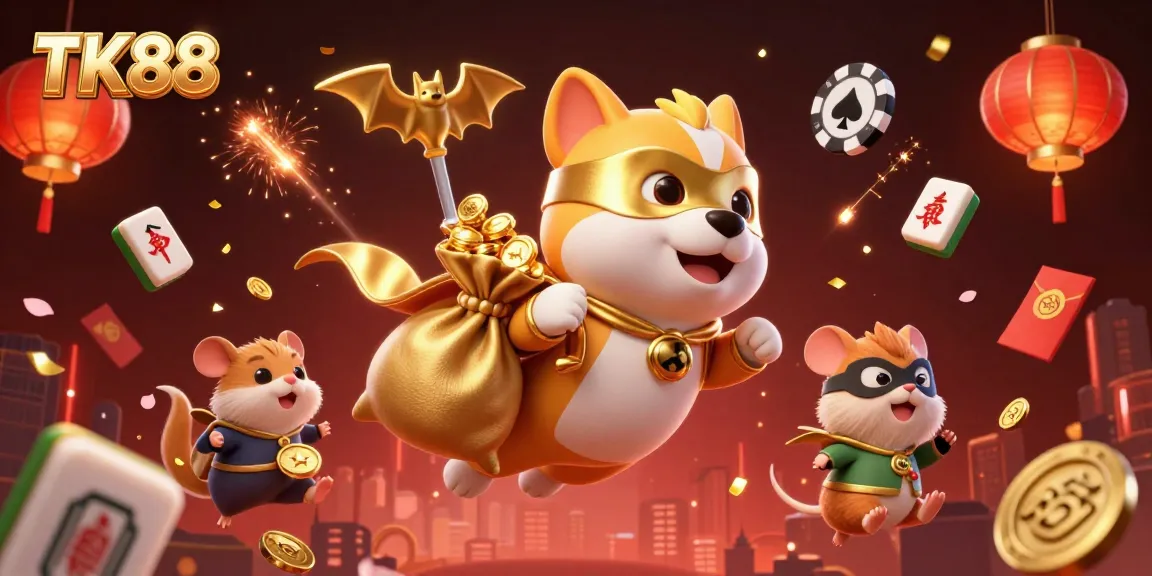 Experience thrilling adventures with TK88, where a superhero dog and hamster celebrate wins in a vibrant casino.