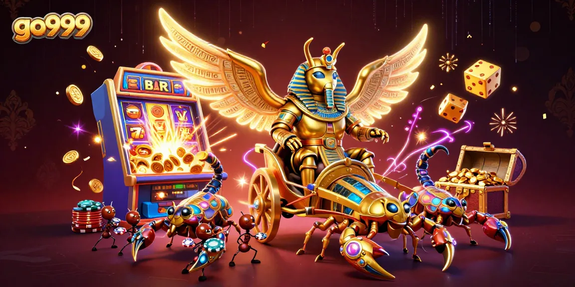 Experience thrilling wins at go999 with a vibrant 3D casino scene featuring a golden scarab and dynamic game elements.