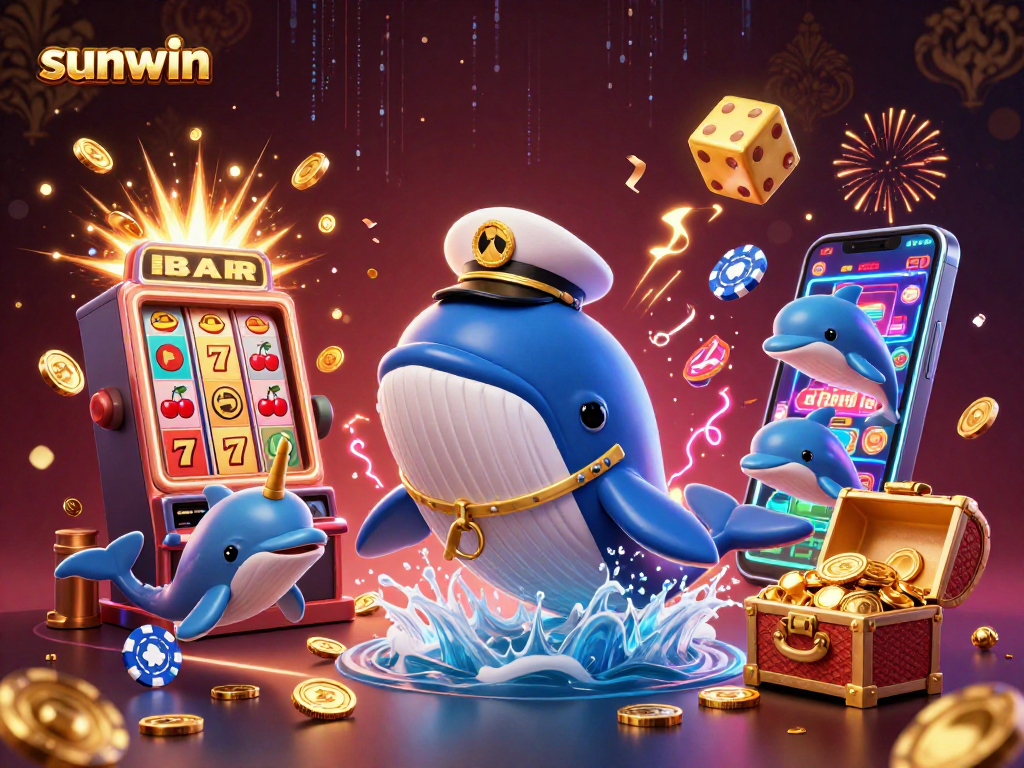 Engage with sunwin’s thrilling games, featuring vibrant 3D whale and playful dolphins amidst a jackpot explosion.
