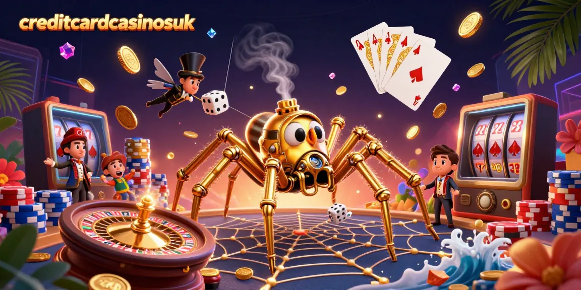 Engage with creditcardcasinosuk's immersive gaming scene filled with vibrant gold coins, poker elements, and unique characters.