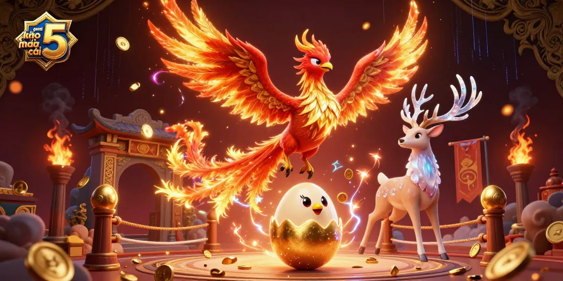 Experience the excitement of game bài kèo nhà cái 5 depicted through a vibrant 3D illustration with phoenixes and mystical elements.
