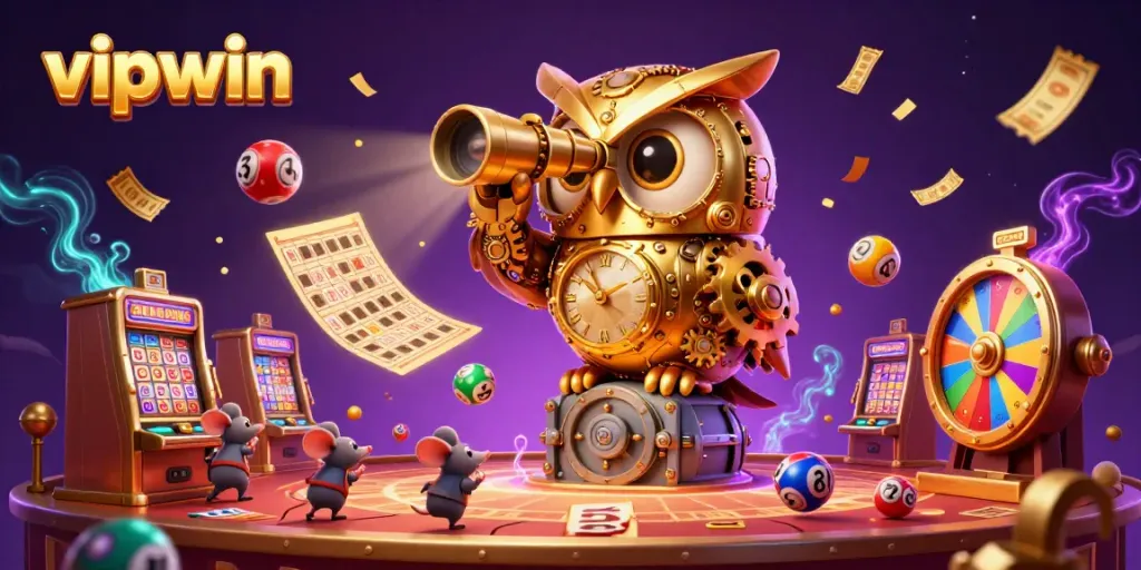 Experience dynamic gameplay at vipwin with a golden owl overseeing vibrant lottery elements in a casino.