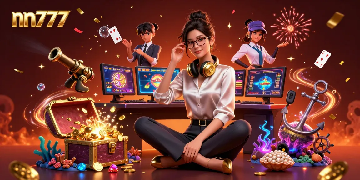 Join the action with nn777 at a high-tech gaming setup amidst a vibrant casino illustration.