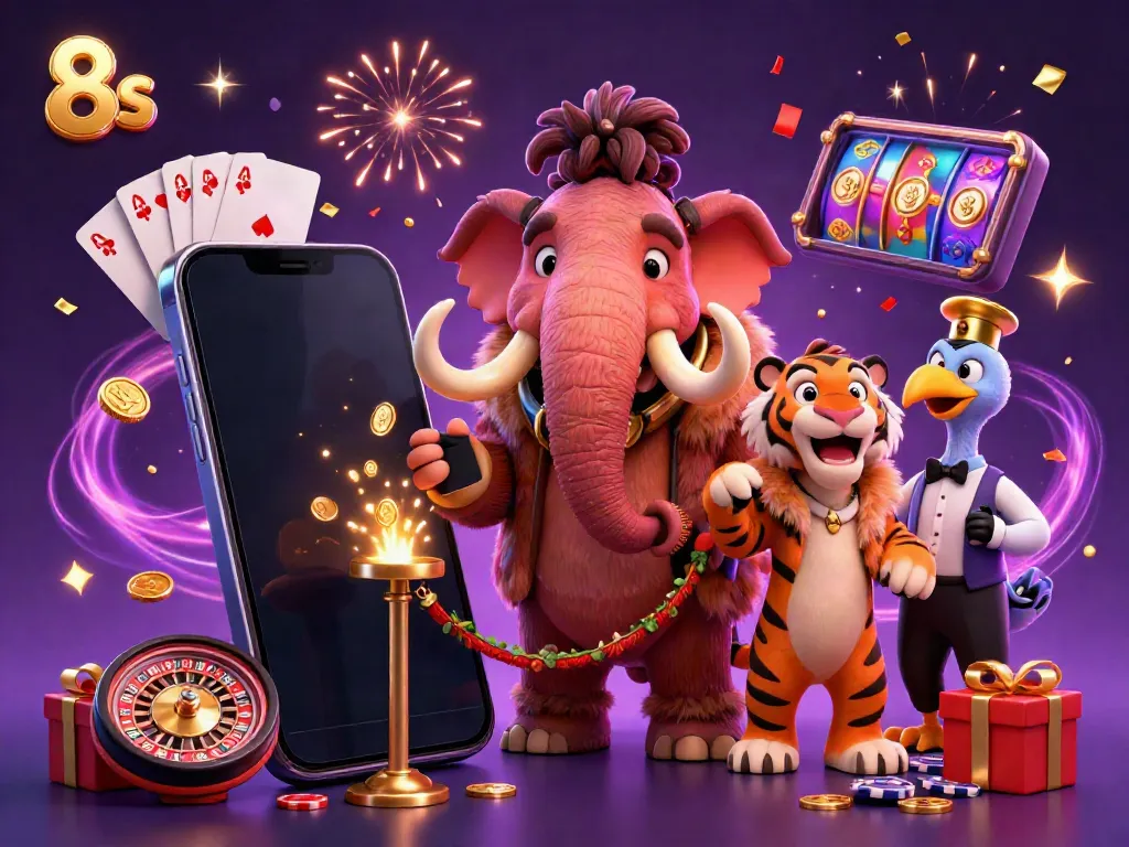 Engaging scene with a woolly mammoth bouncer checking IDs at 8s casino entrance, featuring slot games and VIP elements.