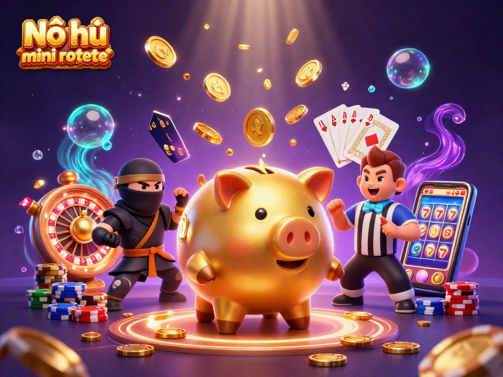 Nổ hũ mini roulette features a 3D cartoon golden piggy bank sumo wrestler surrounded by coins, cards, and a roulette wheel.