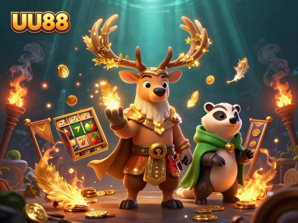 Join the UU88 excitement with a Celtic druid stag and wise badger amid vibrant casino elements.