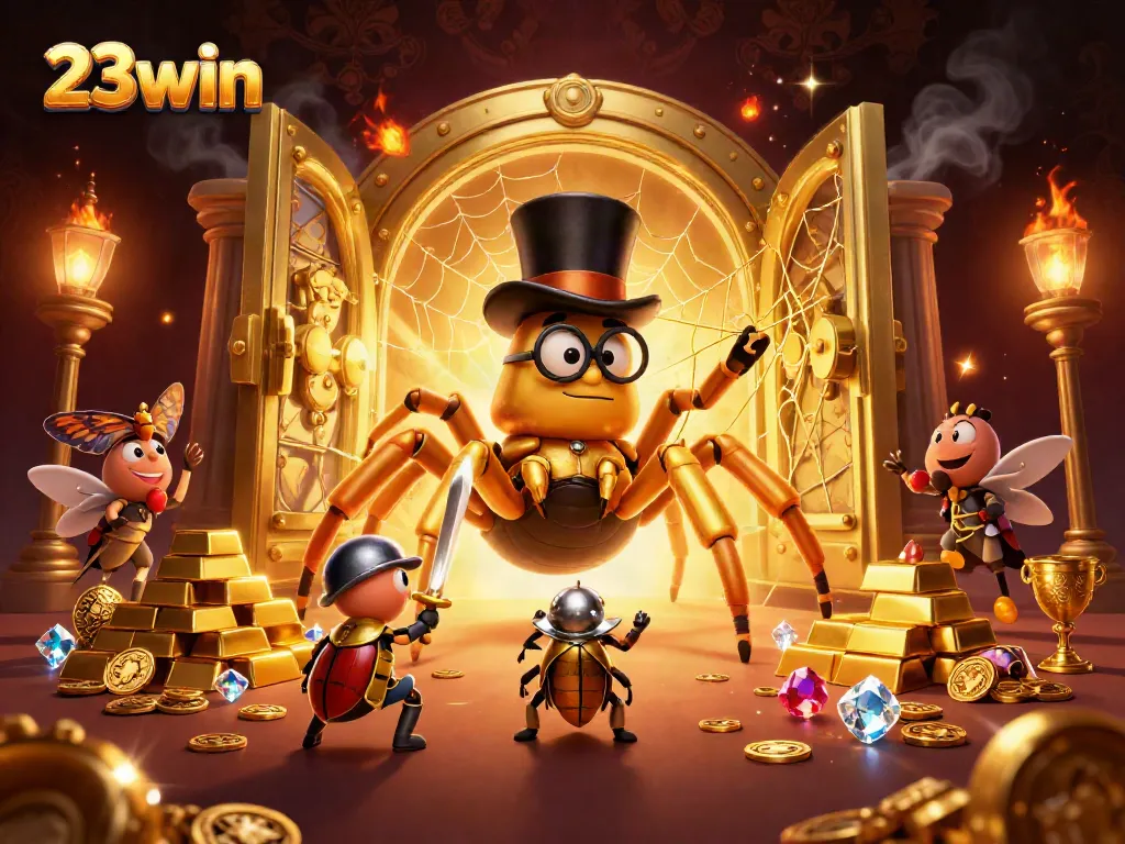 Experience excitement at 23win with a colorful casino adventure featuring a giant tarantula and brave knight.