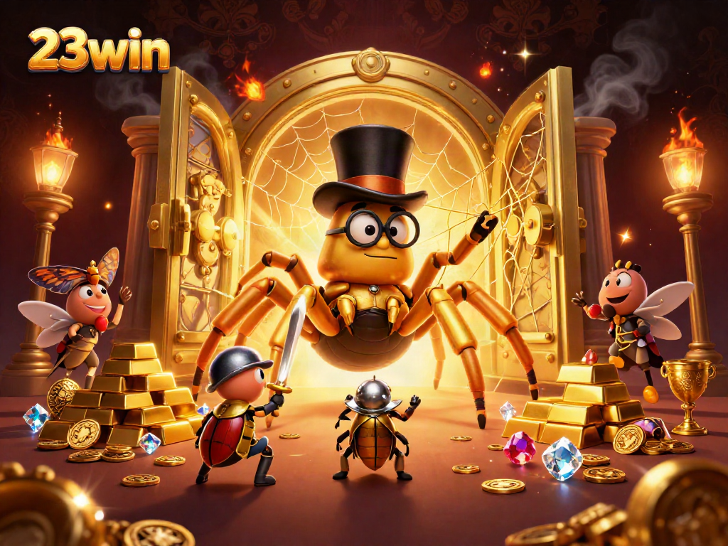 Experience excitement at 23win with a colorful casino adventure featuring a giant tarantula and brave knight.