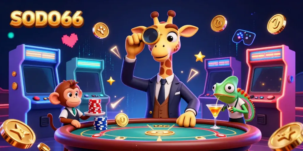 Engage with SODO66’s thrilling casino scene featuring a high-roller giraffe and lively game elements.