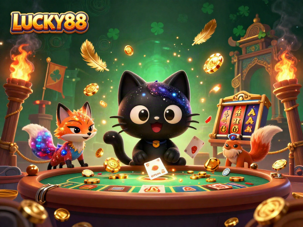 Engage with the thrilling LUCKY88 casino experience featuring cosmic characters and slot action.