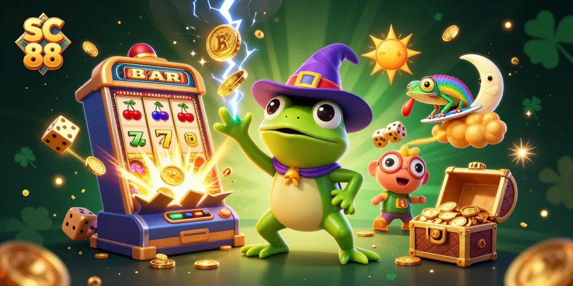 Experience the magic of SC 88 with a dynamic casino scene featuring a wizard frog and chameleon.
