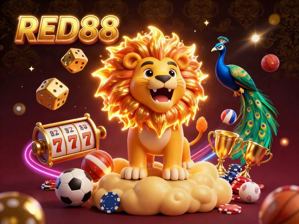 Experience the excitement of RED88 with a dynamic, 3D casino-themed illustration featuring a roaring lion and scattered gaming elements.