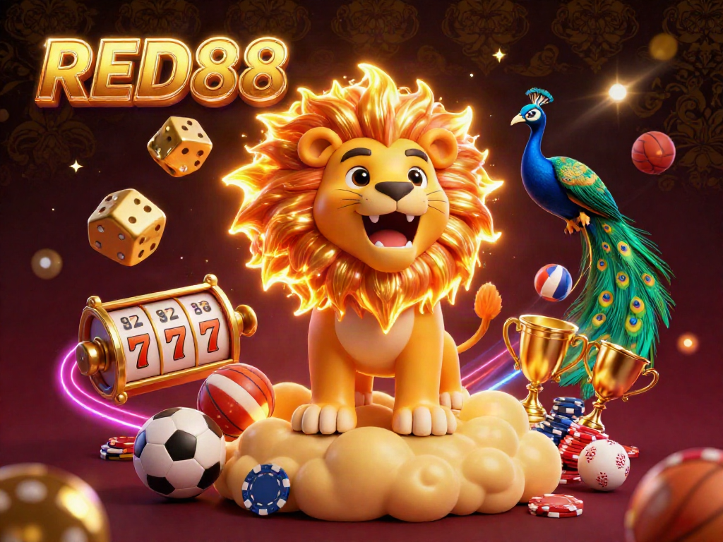 Experience the excitement of RED88 with a dynamic, 3D casino-themed illustration featuring a roaring lion and scattered gaming elements.
