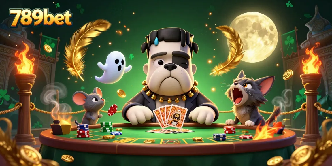 Engage with 789bet's thrilling card games featuring a Frankenstein bulldog dealer and ghostly elements.