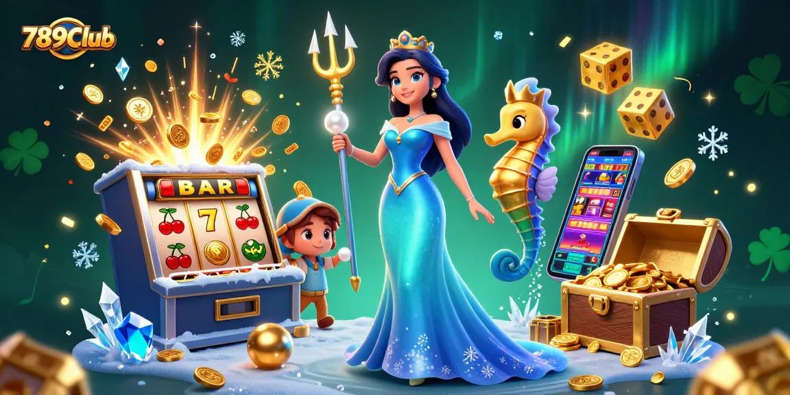 Engage with 789Club's vibrant 3D casino scene featuring the trident-wielding seahorse king beside a stunning lady, amidst slot machines and treasures.