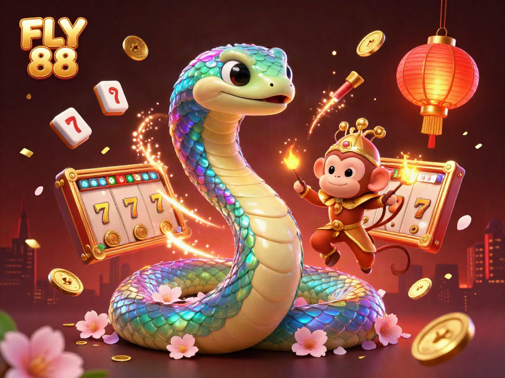 Engage with thrilling slot gameplay at FLY 88, surrounded by vibrant symbols and magic amidst a lively casino atmosphere.