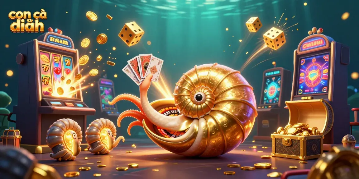 Experience the thrill of con gà đen with this dynamic casino illustration featuring golden nautilus and immersive game elements.