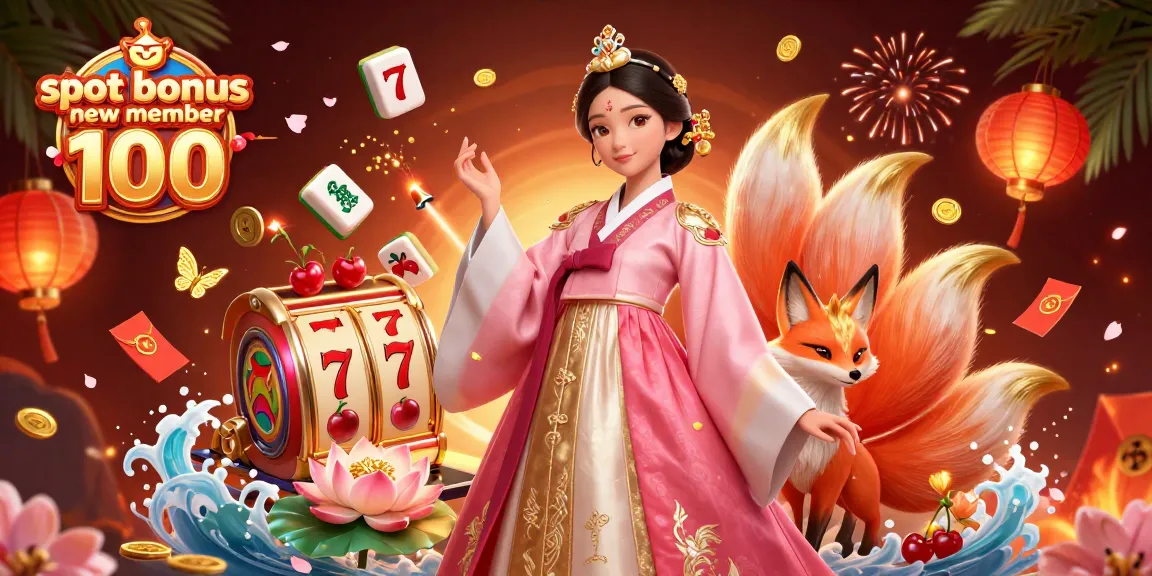 Claim your slot bonus new member 100 with vibrant casino illustration featuring lucky symbols.