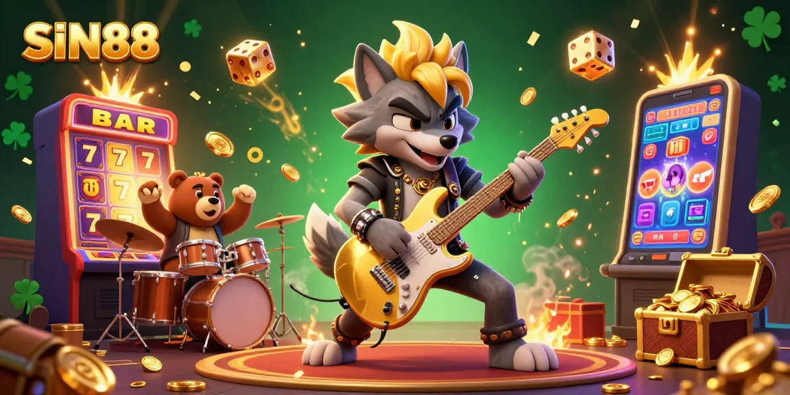SIN88 casino illustration showcasing a thrilling jackpot explosion scene with cartoon characters and vibrant game elements.