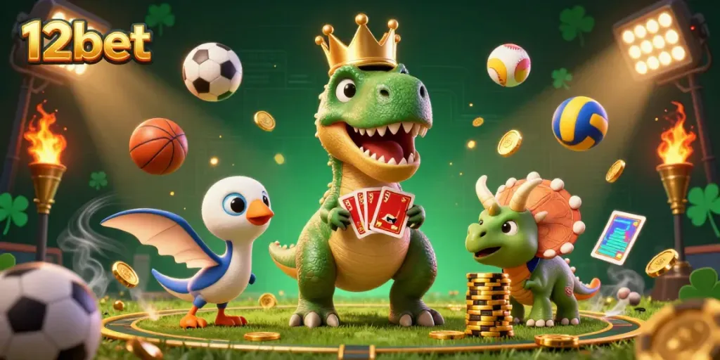 Engaging 3D illustration showcasing 12bet's fun gaming atmosphere with a dinosaur and sports elements.