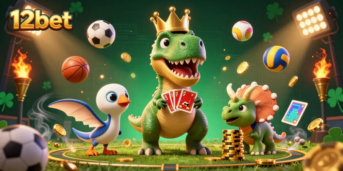 Engaging 3D illustration showcasing 12bet's fun gaming atmosphere with a dinosaur and sports elements.