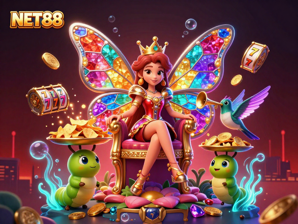 Experience the thrilling NET88 casino excitement with vibrant slot reels and a magical butterfly queen.