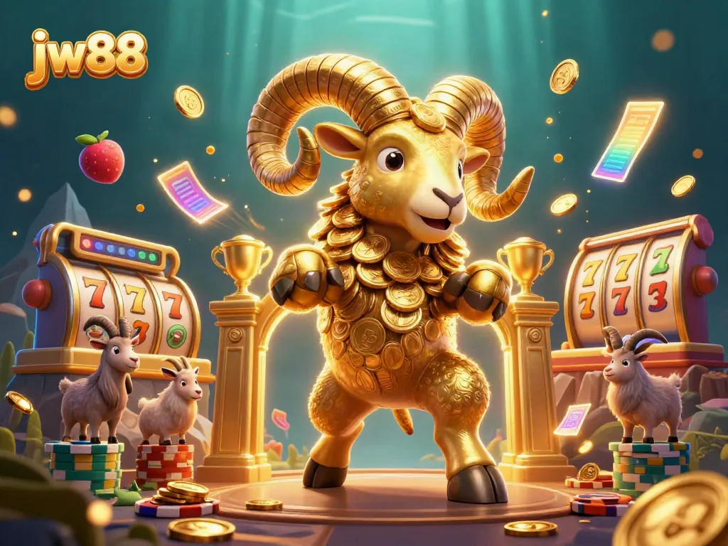 Engage with jw88's vibrant casino scene featuring a golden ram amidst dynamic gaming action.
