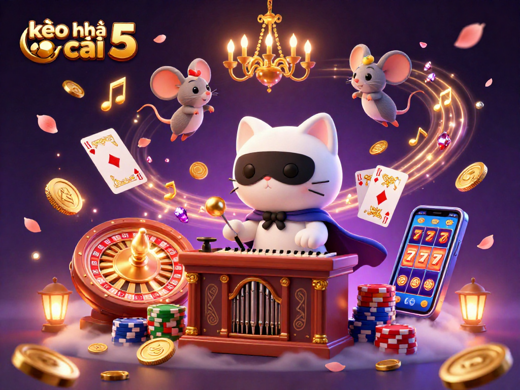 Experience sizzling excitement with kèo nhà cái 5 in this vibrant casino-themed illustration, showcasing action-packed gaming elements.