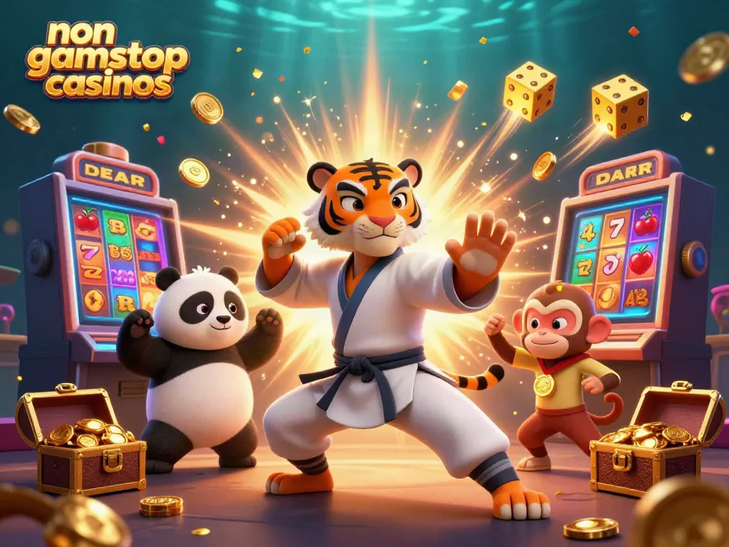 Experience non gamstop casinos with a playful kung fu tiger, panda, and monkey amidst vibrant casino elements.