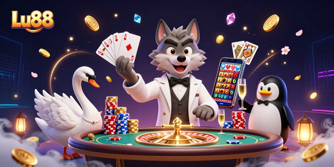 Experience high-stakes gaming fun at Lu88 with a vibrant casino scene featuring iconic characters.