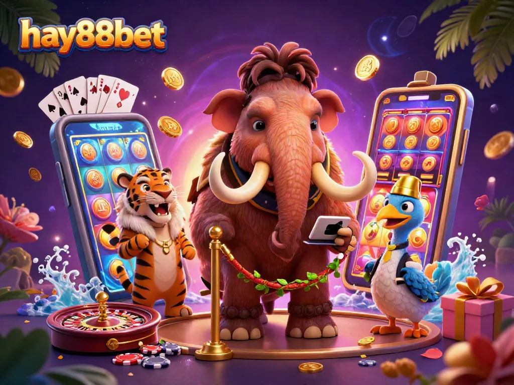 Experience fun at hay88bet with vibrant casino characters in a colorful 3D scene.