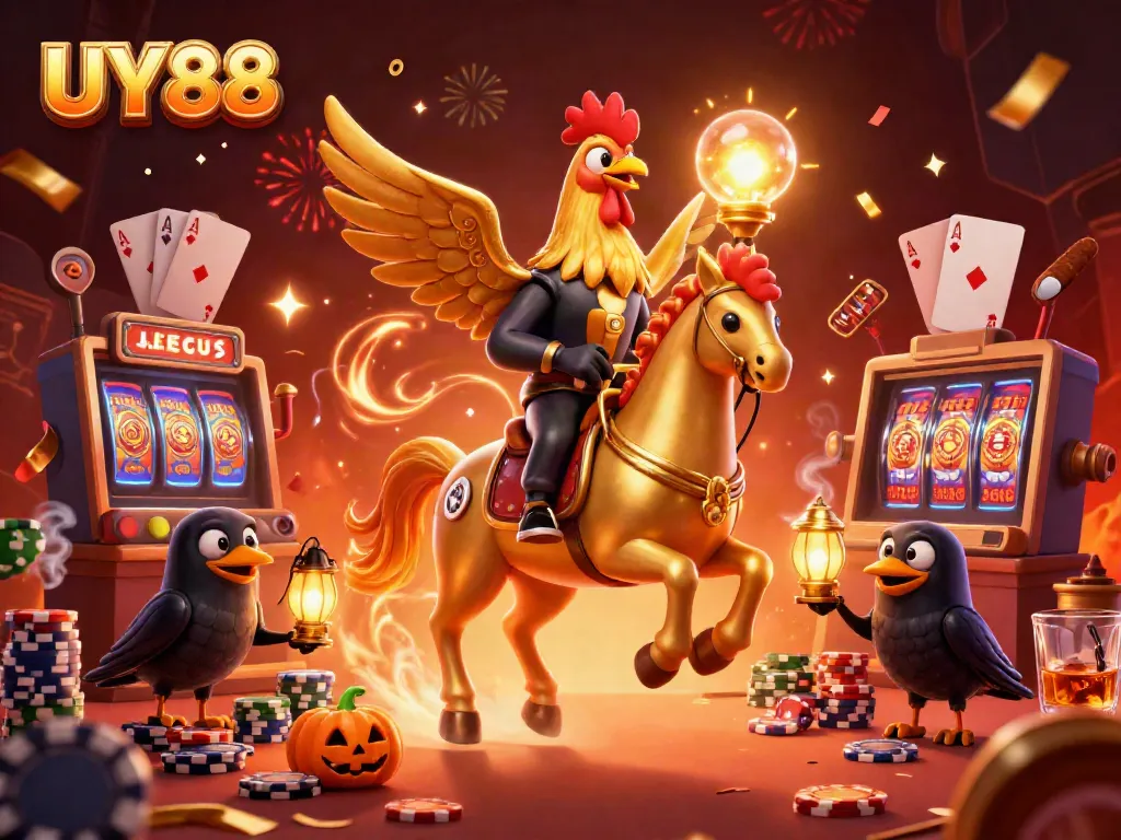 Experience thrilling gameplay at UY88 with a golden rooster and its companions in a vibrant casino scene.